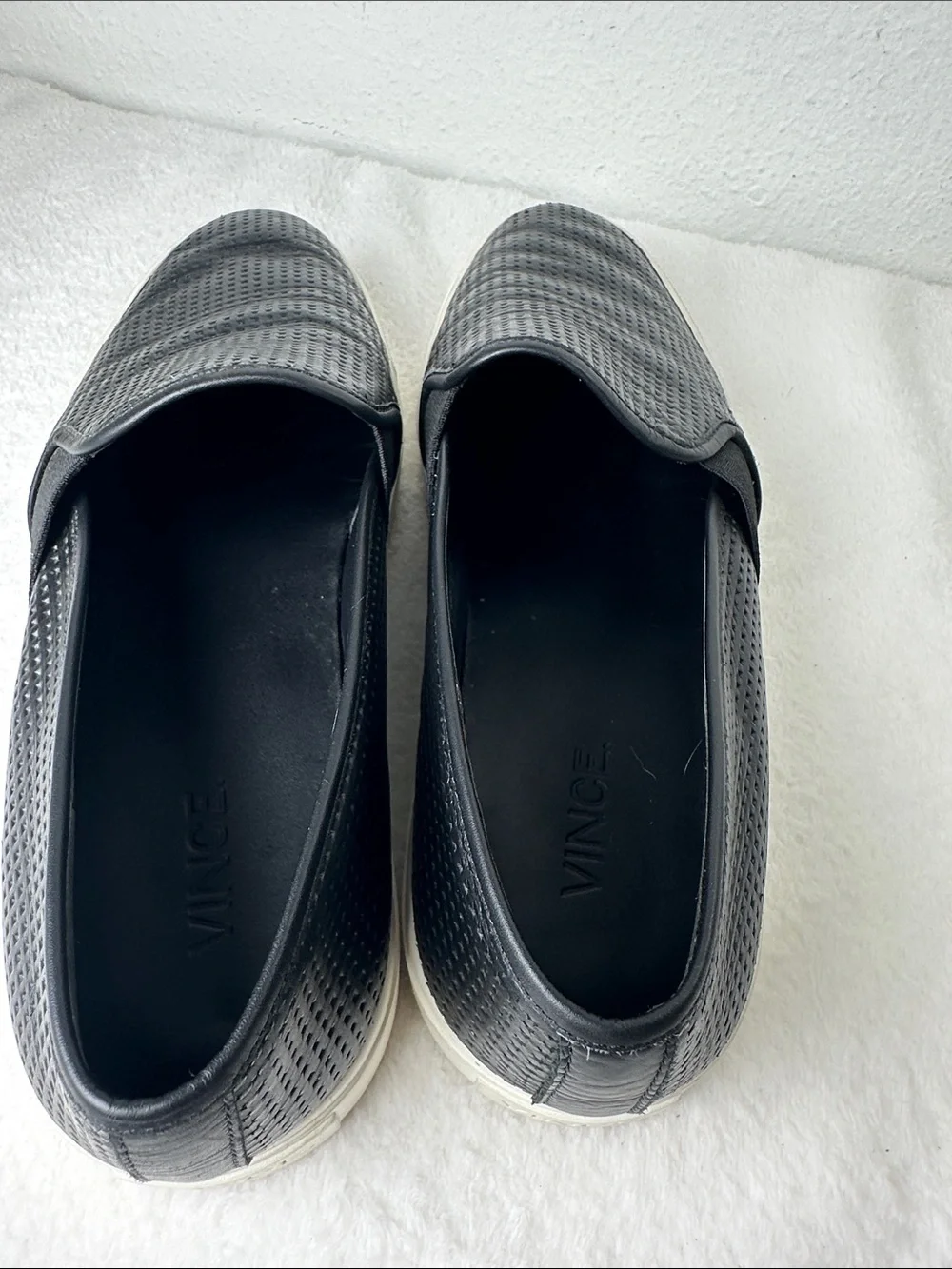 Vince Blair Black Perforated Leather Slip-On Sneakers with White Comfort Sole 8 - Picture 7 of 16